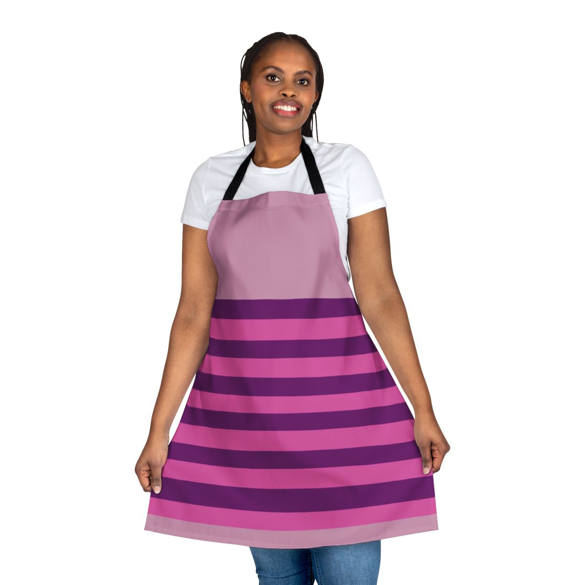 Striped apron with a Cheshire Cat inspired design