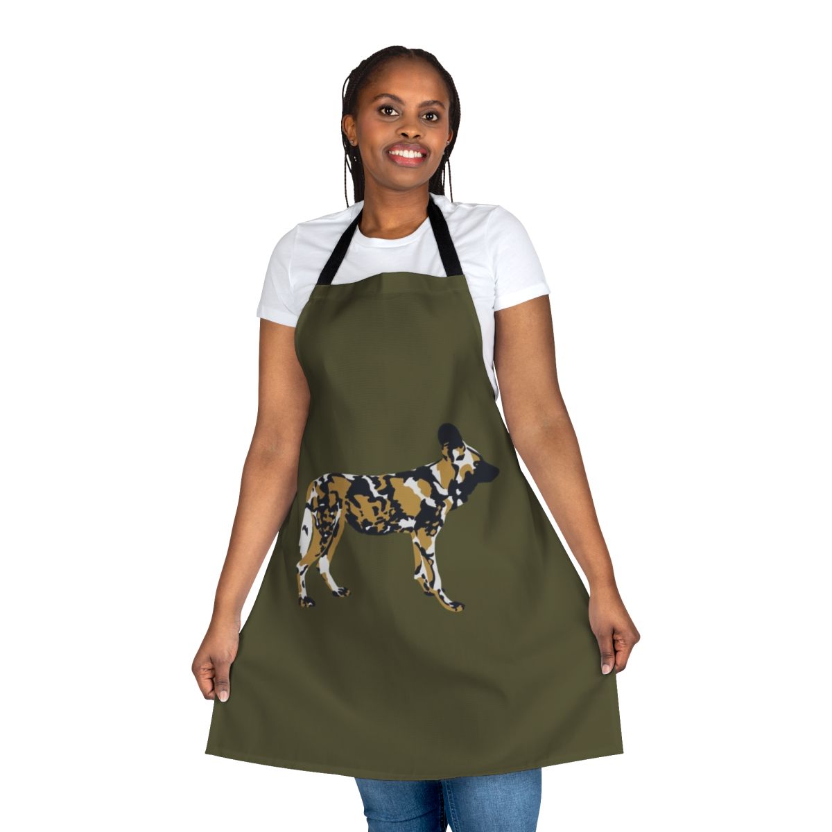 Closeup portrait of an African painted dog on a black and gold kitchen apron