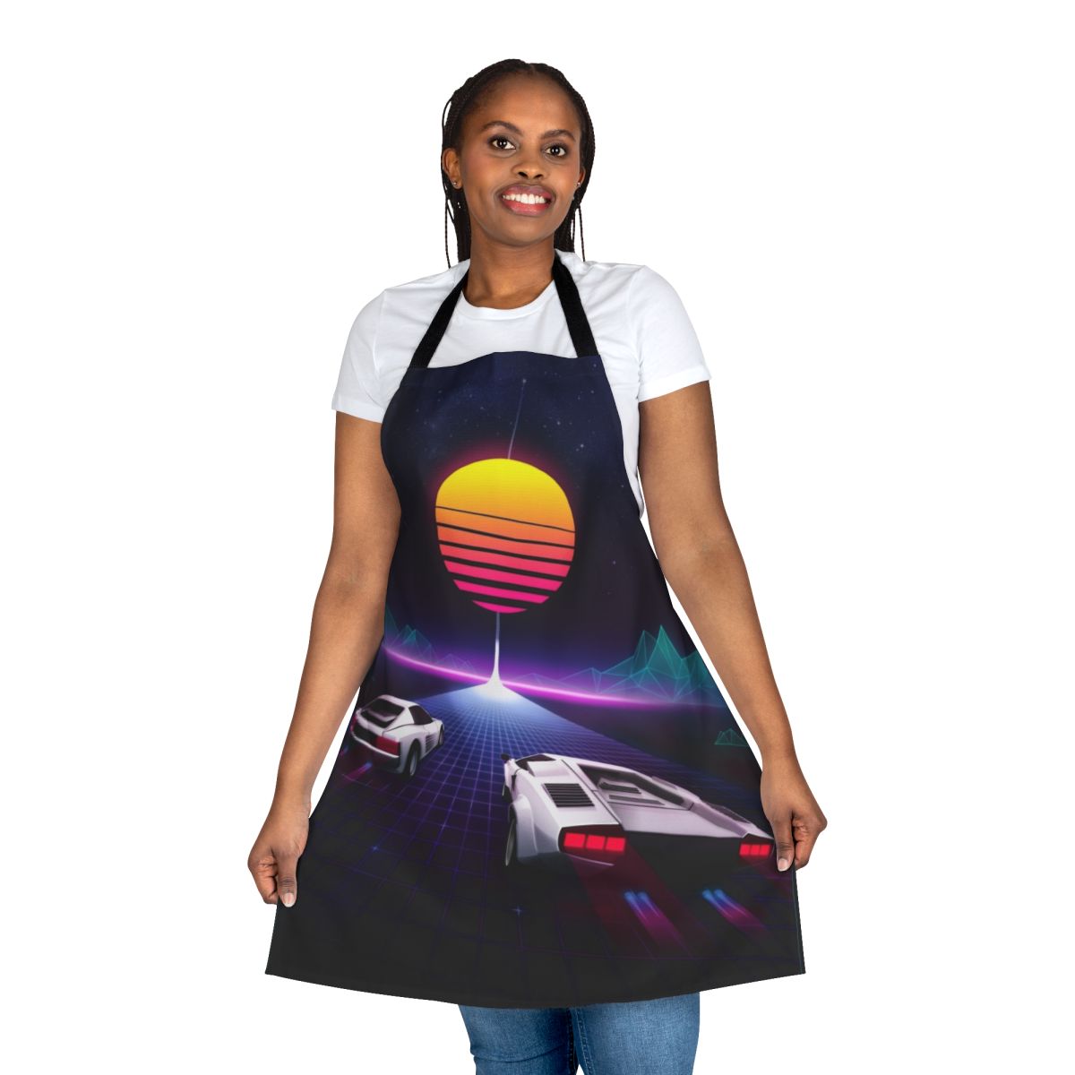 Colorful 80s-style apron featuring neon graphics of a retro highway scene with sports cars and a starry sky