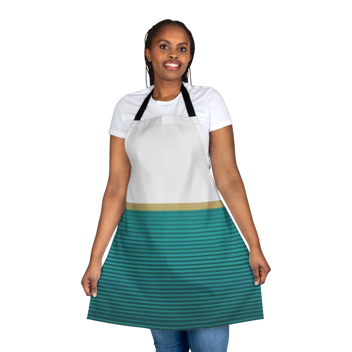 Stylish abstract patterned apron in shades of teal and gold, inspired by urban smoking culture