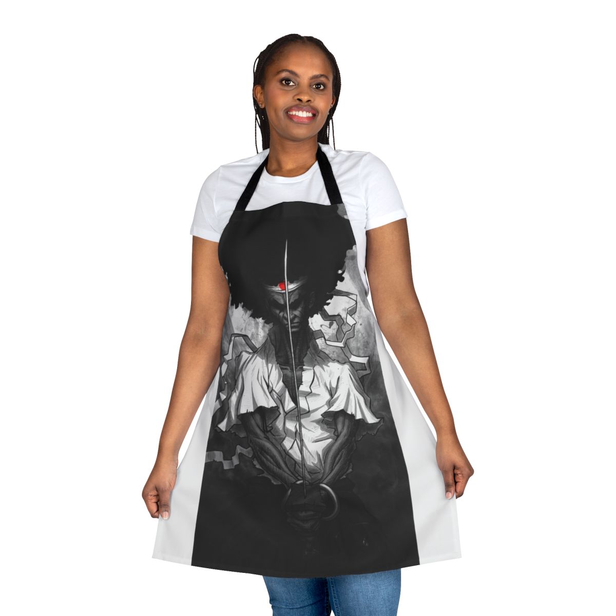 Graphic illustration of an anime-style afro samurai character on a black apron