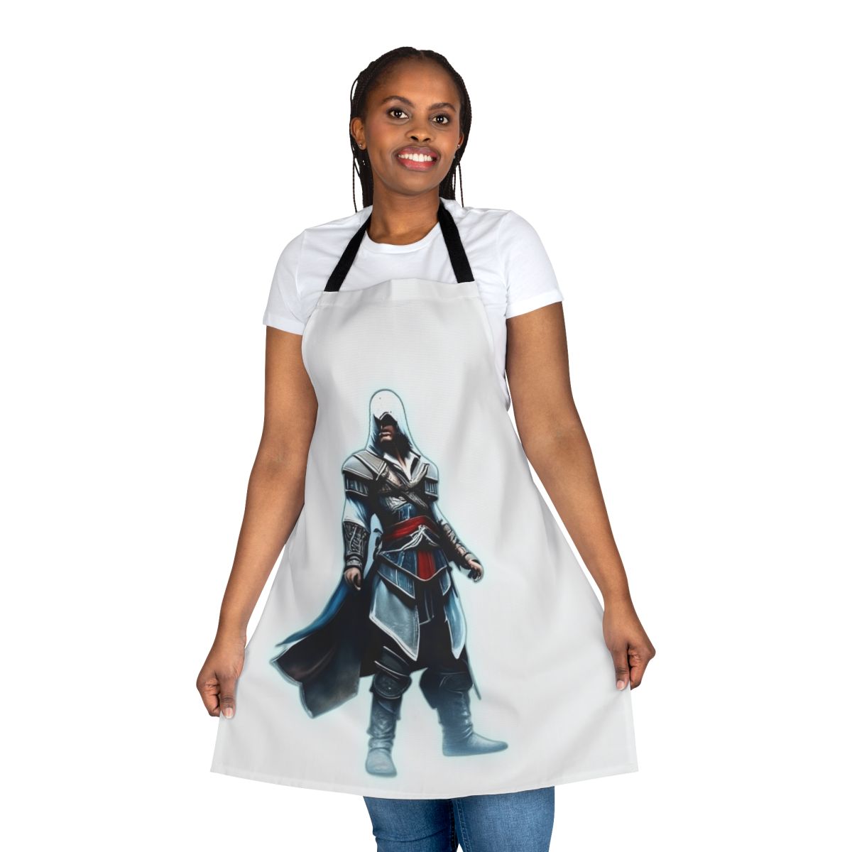 Assassin-themed black and white apron with Assassin's Creed logo and characters
