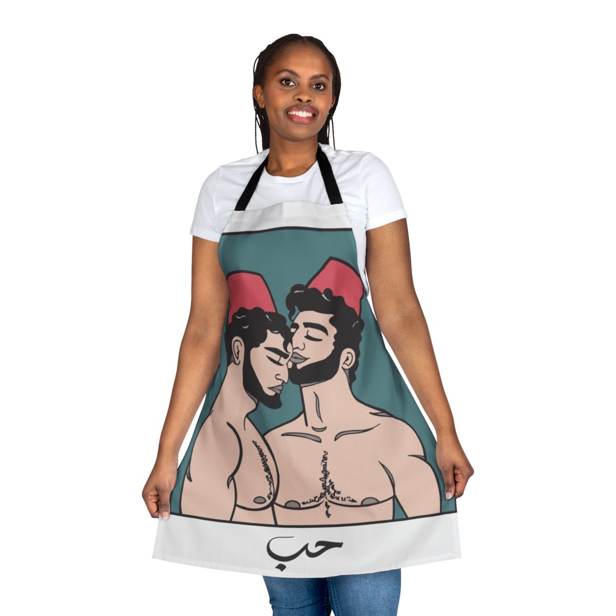 Artistic illustration of two young men in a Beirut-inspired apron design