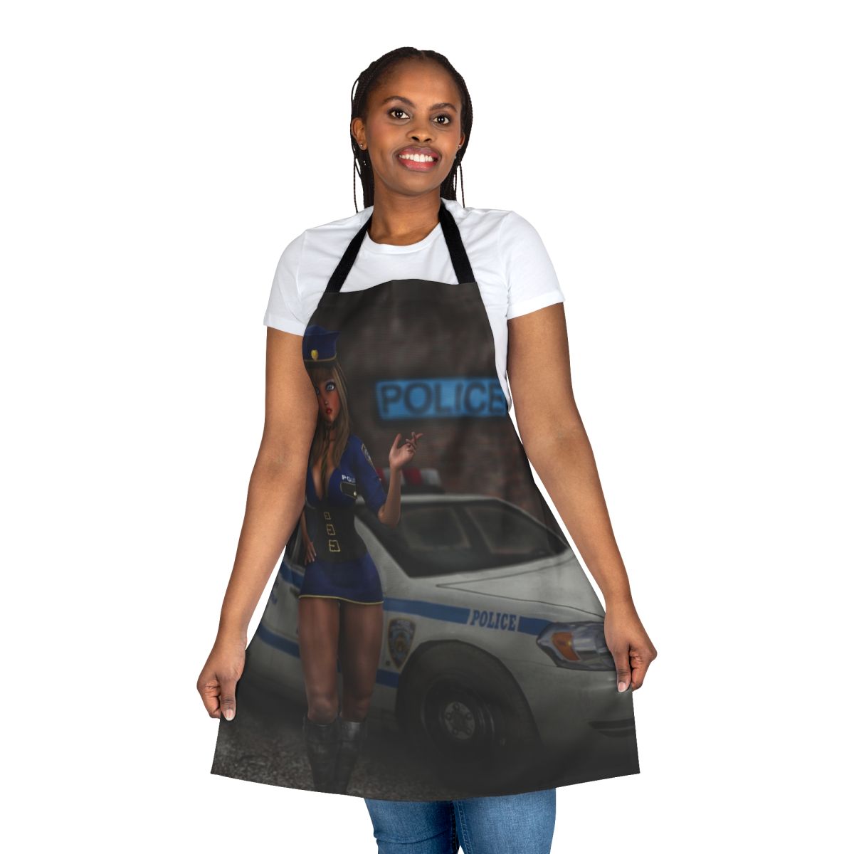 Big Head Betty 7 Apron with a cute cartoon policewoman design