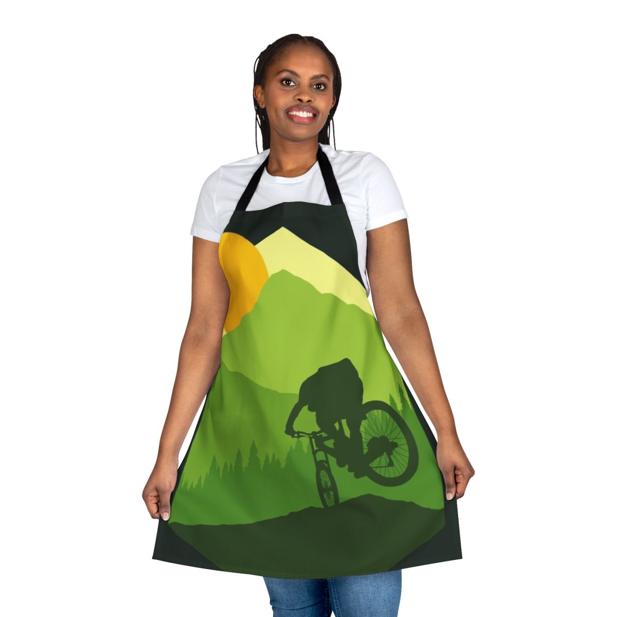 A green and yellow geometric patterned apron for bike riders and outdoor enthusiasts