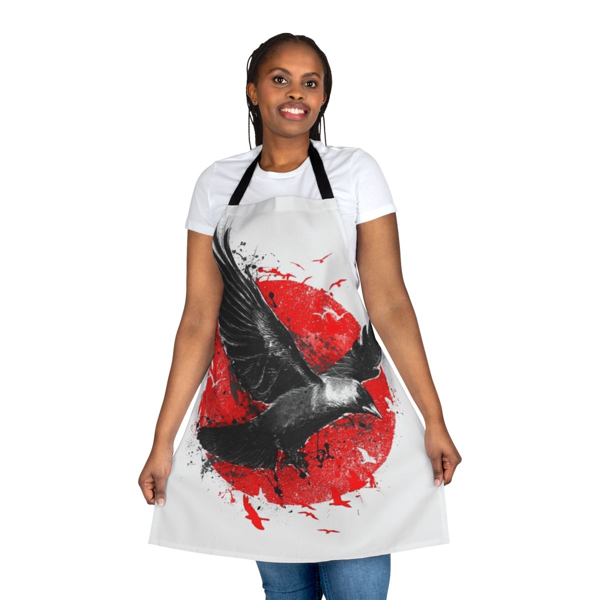 Vibrant red bird-print apron with wings and moon design
