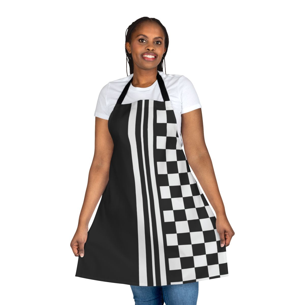 Black and white apron with a stylish ska inspired design