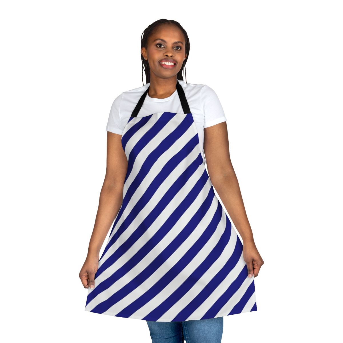 A high-quality blue and white diagonal striped apron, perfect for cooking, baking, or serving in the kitchen.