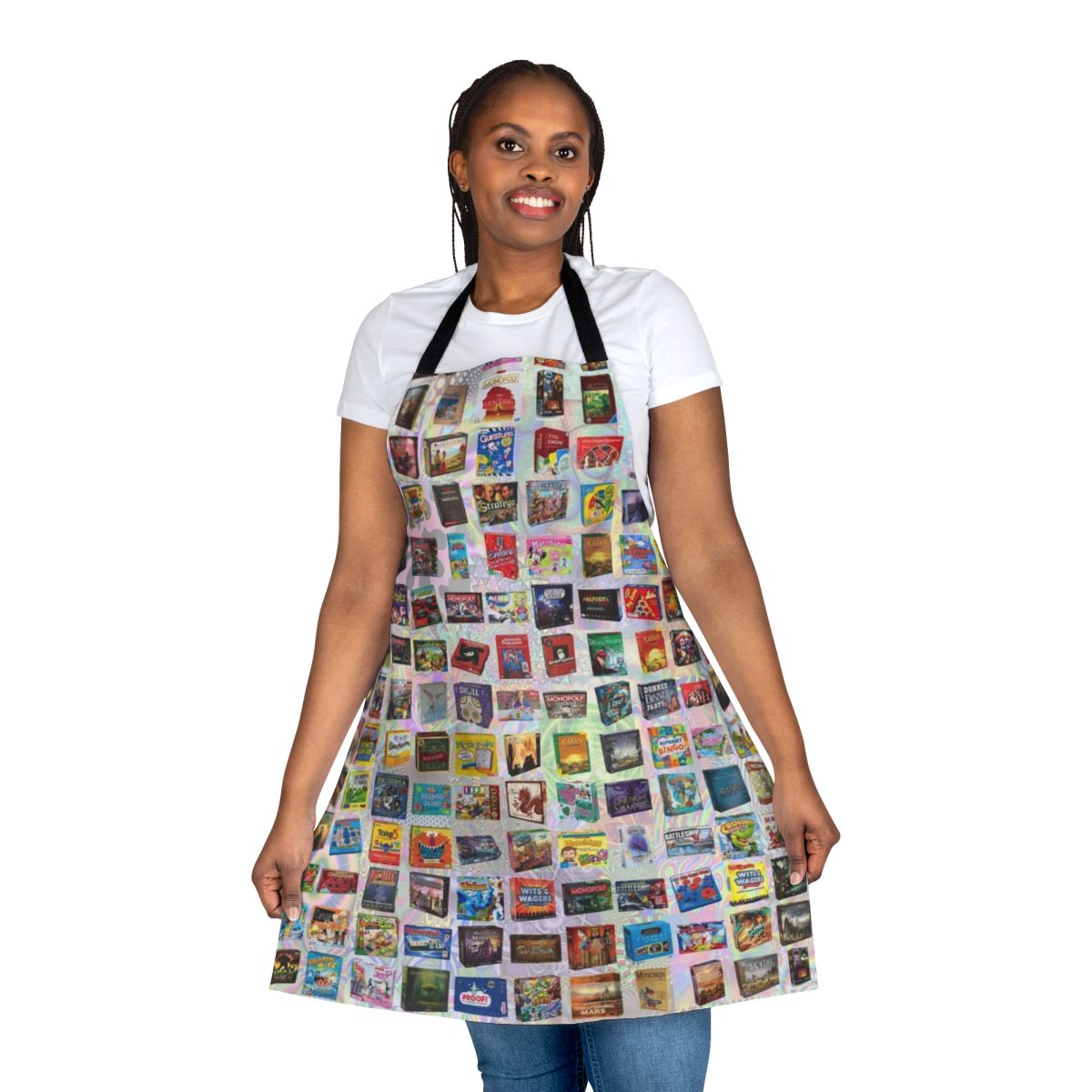 Apron with board game pieces and strategy game design