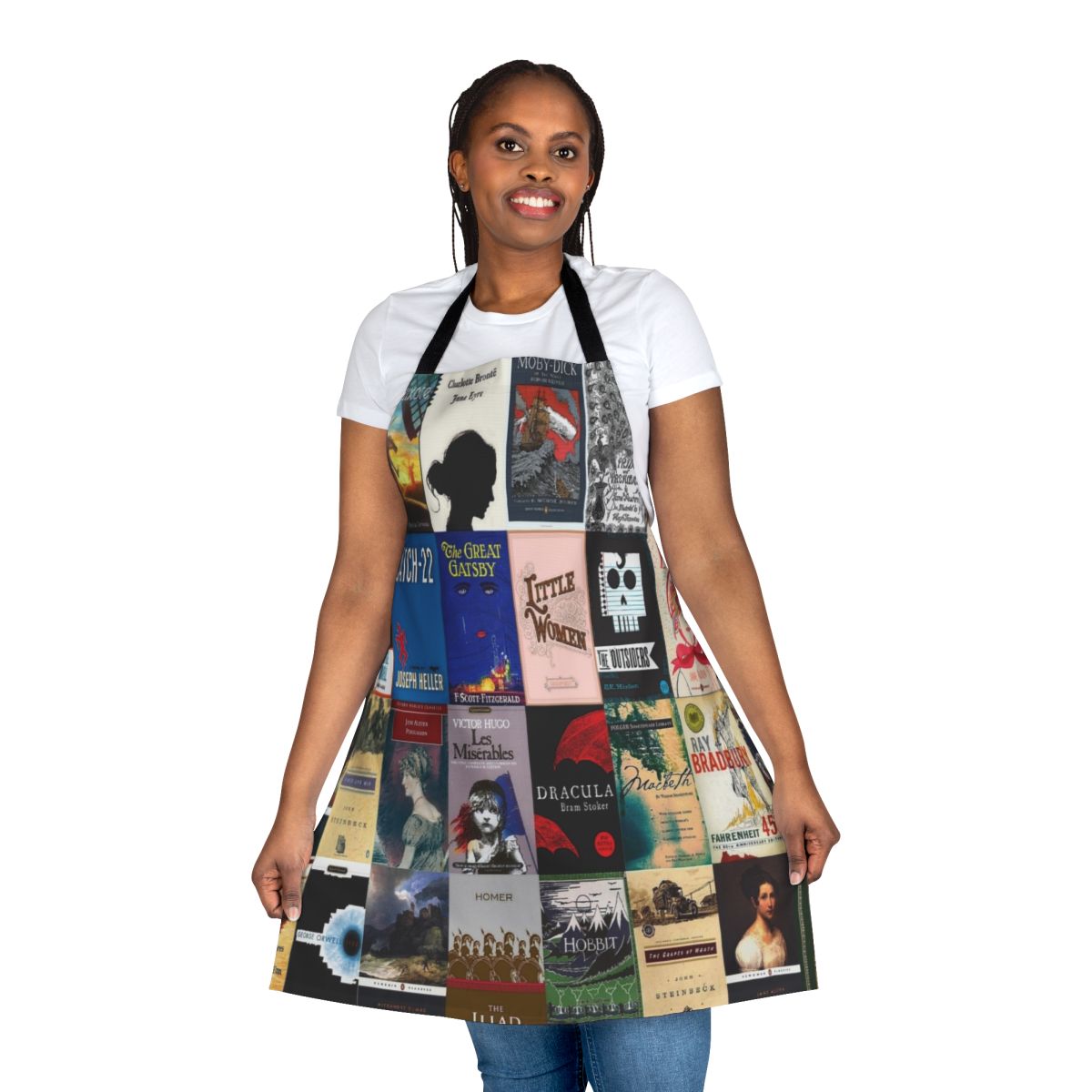 Classic literature book cover pattern on an apron for book lovers and readers