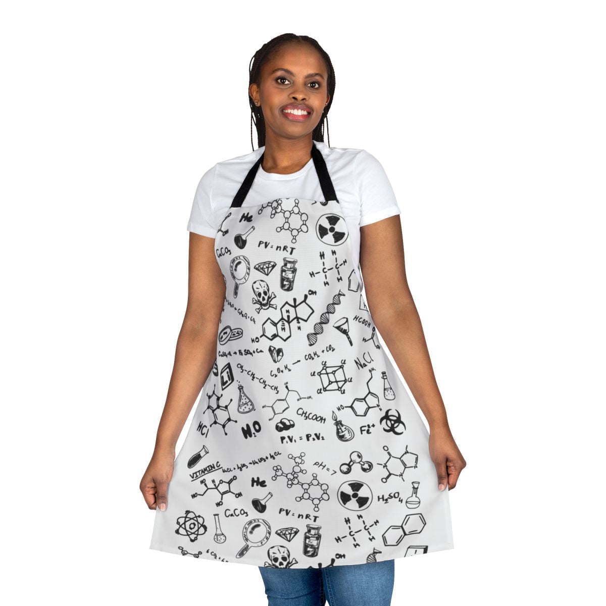 Colorful chemistry pattern design on a high-quality apron for science enthusiasts and lab professionals.