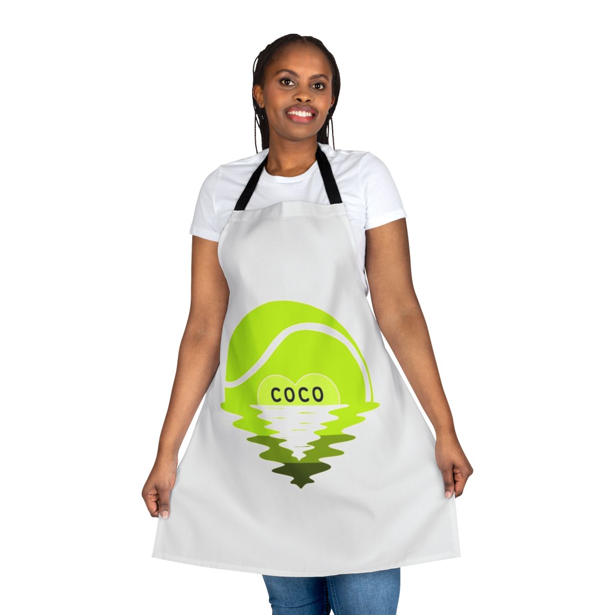 Apron featuring the text "Call Me Coco Gauff" and design elements related to tennis