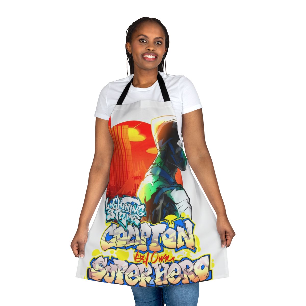 Compton-inspired superhero-themed apron with lightning strike and graffiti art design