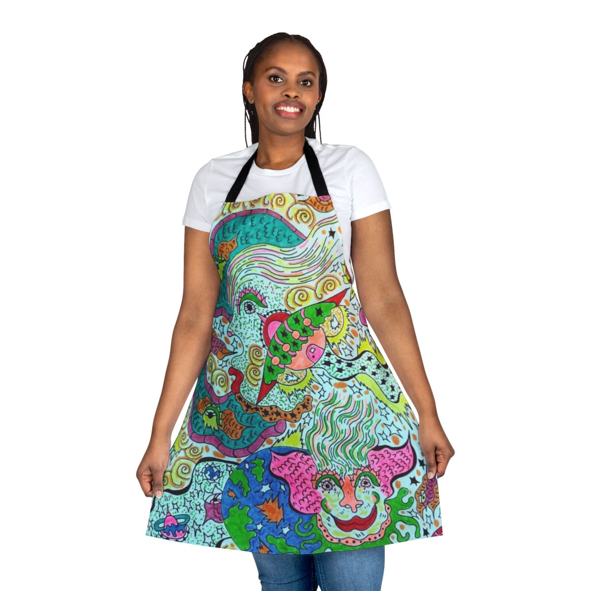 Colorful cosmic-themed apron with visionary and angelic design