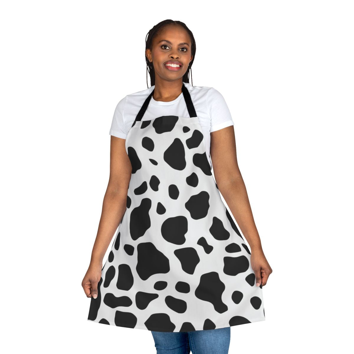 Cow print apron with a fun, farmhouse-inspired design for cow enthusiasts