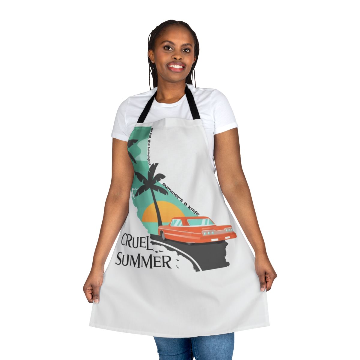 Cruel Summer-themed apron with cartoon elements and nature imagery
