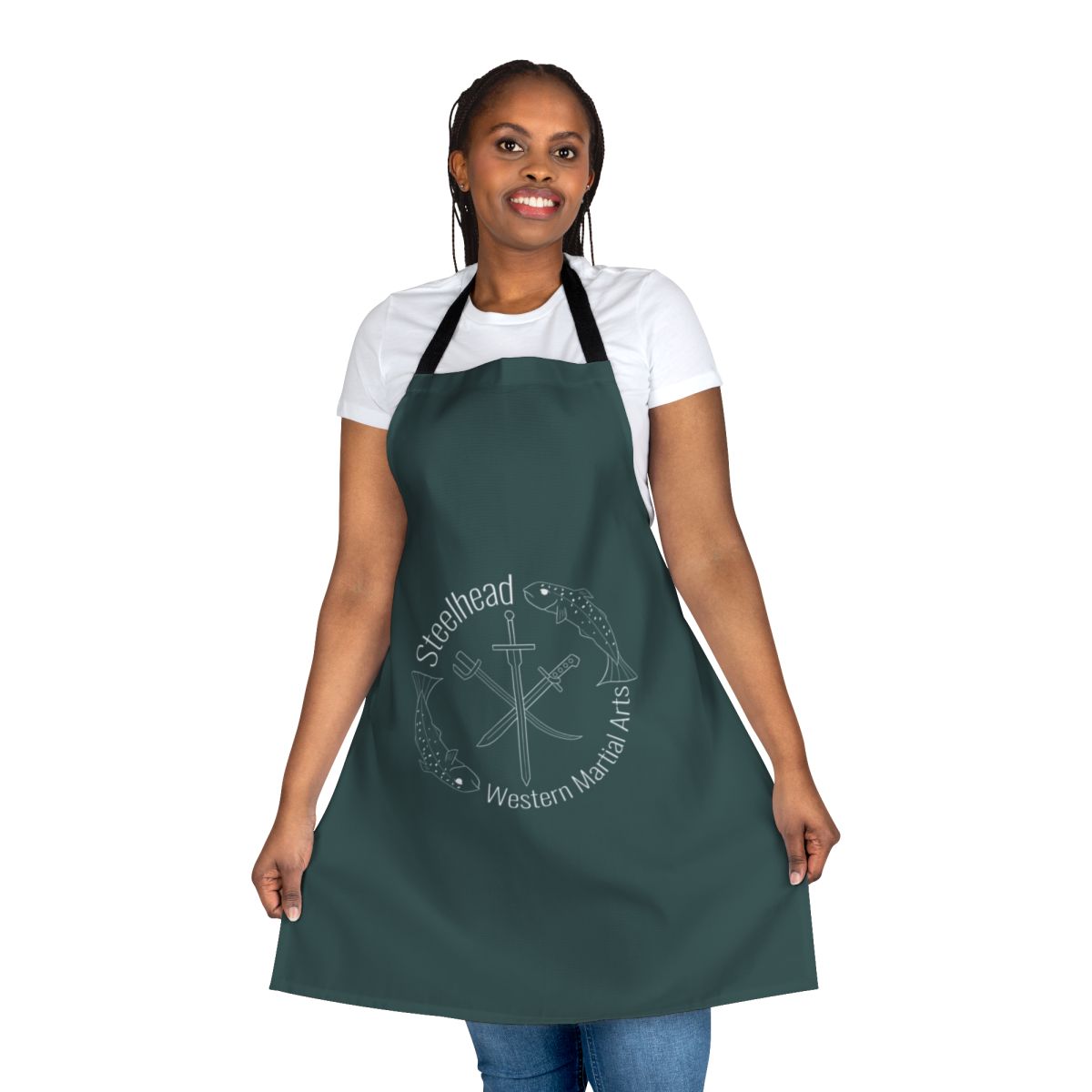 Dark gray apron with steelhead river logo design