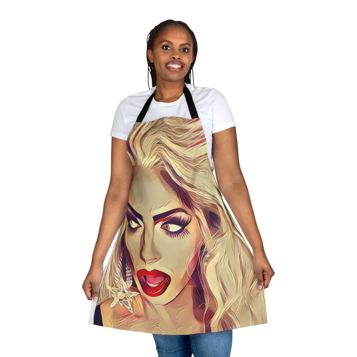 A vibrant and colorful apron featuring the iconic Alyssa Edwards from RuPaul's Drag Race.