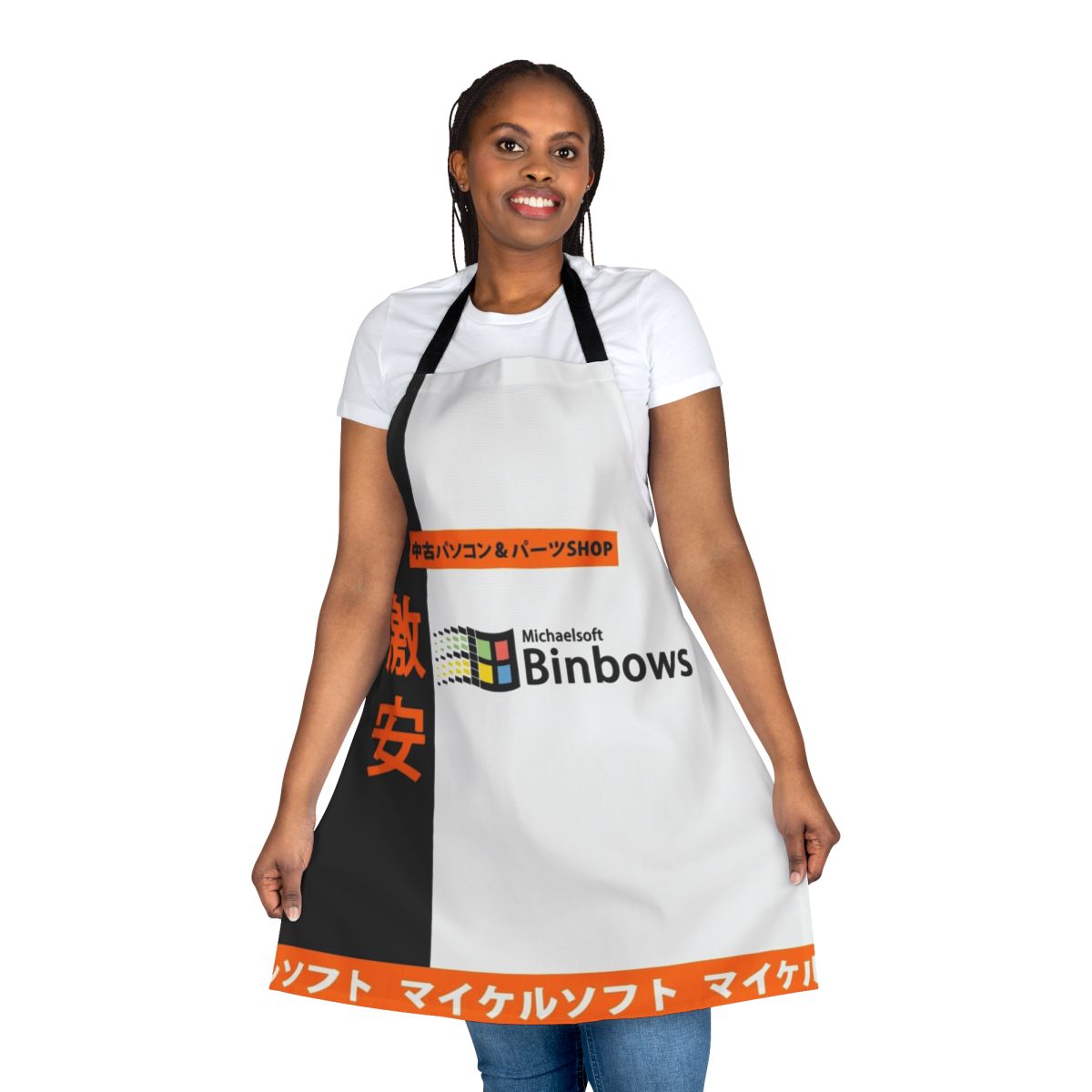 Michaelsoft Binbows-inspired drip apron with a humorous, pop culture-themed design