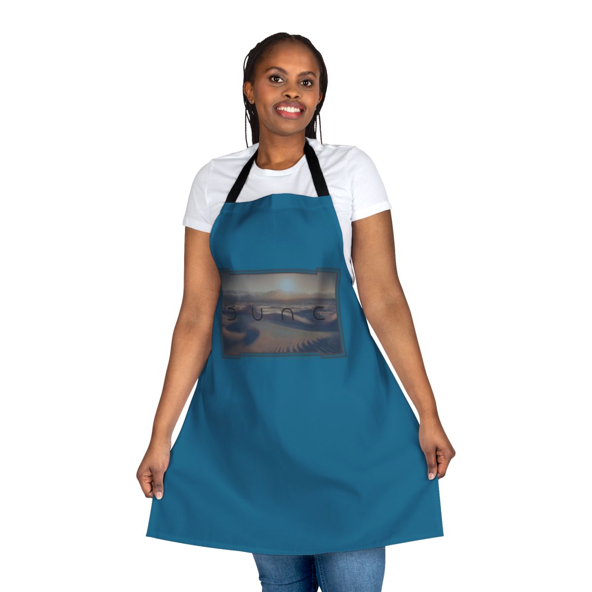Dune-themed apron with a blue background featuring a desert planet and two moons