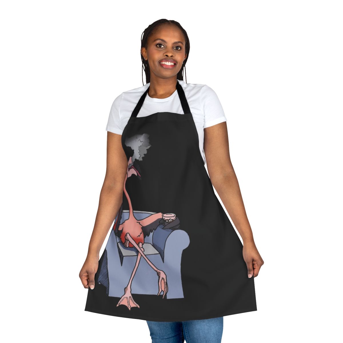 Vibrant flamingo apron design inspired by the hit TV series Boston Legal and its beloved characters Alan Shore and Denny Crane.