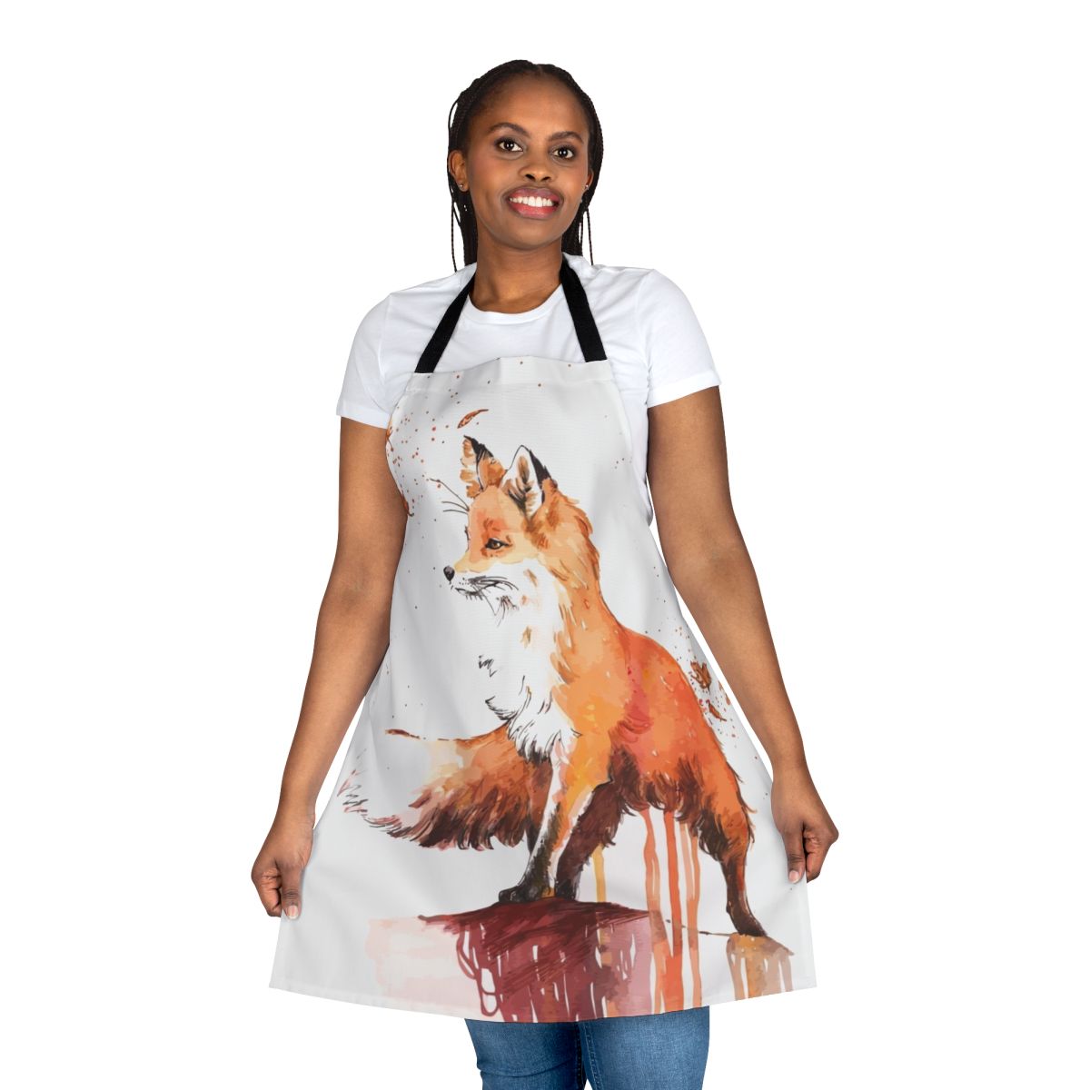Closeup of a stylish apron featuring a vibrant fox design, perfect for cooking, baking, or gardening.