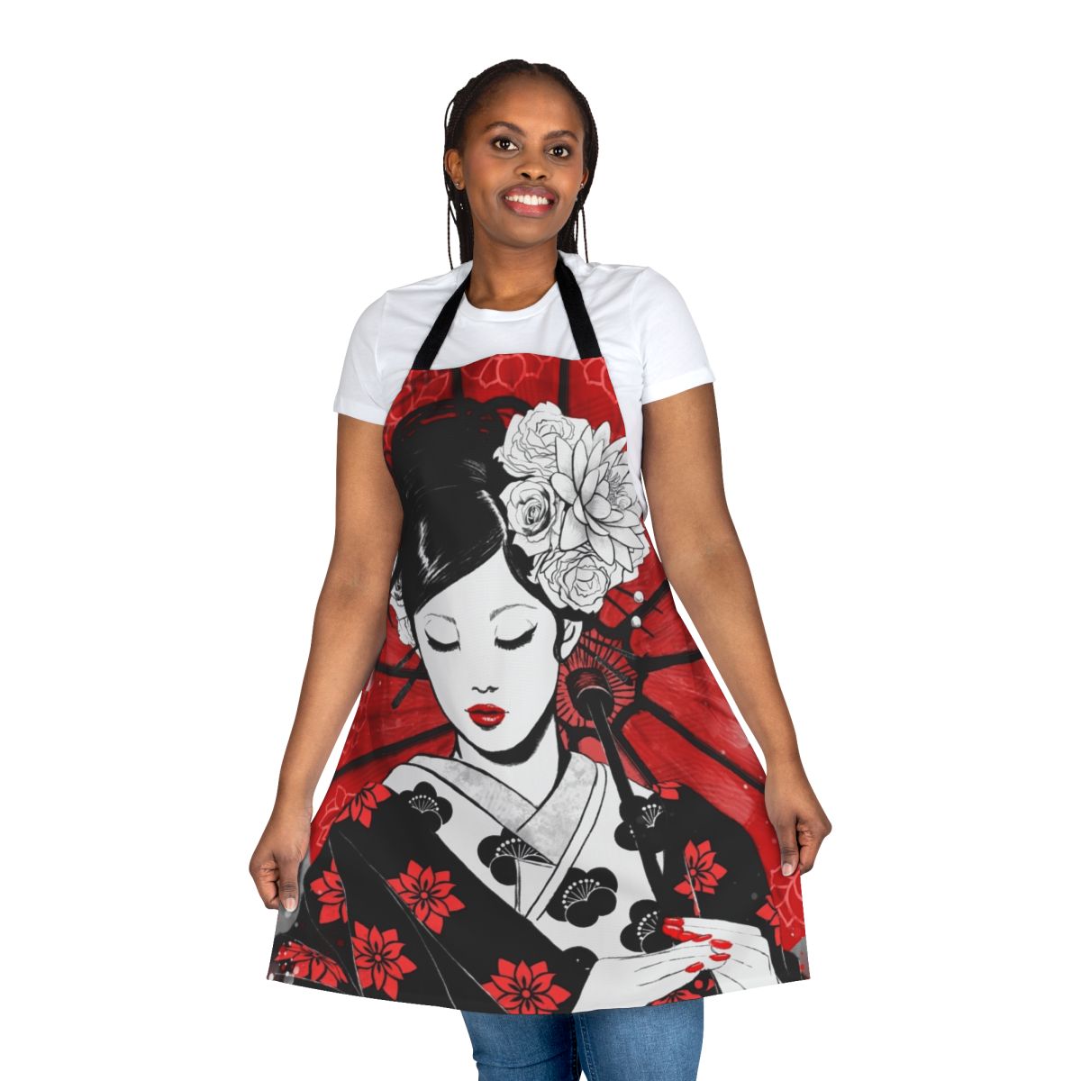 Beautifully designed apron featuring a geisha motif, perfect for the kitchen or as a home decor accent.