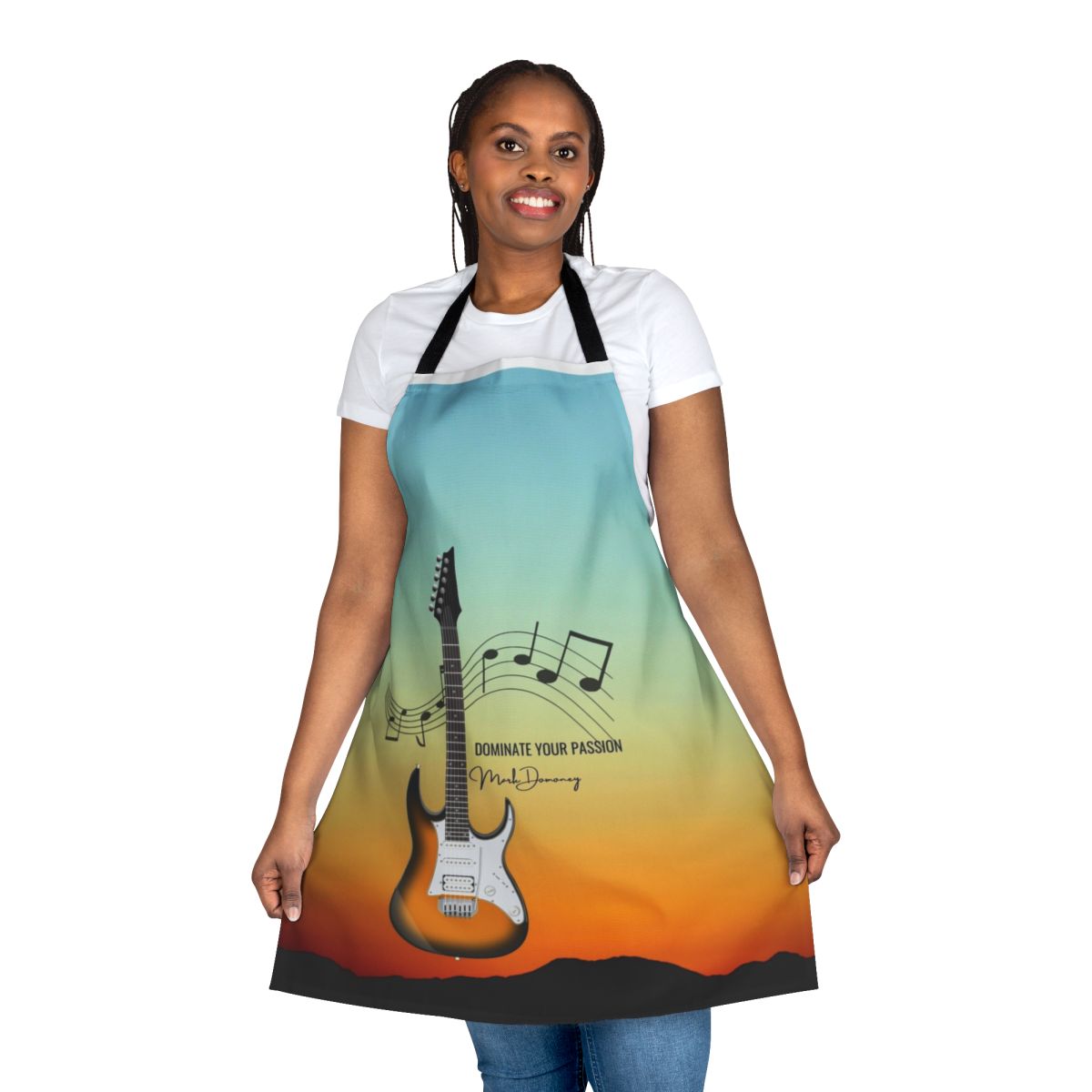 A stylish apron featuring an electric guitar design, perfect for music enthusiasts and professional musicians.