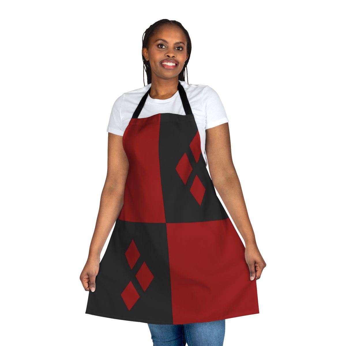 A vibrant, diamond-print apron in red and black, perfect for Harley Quinn fans and cosplayers.
