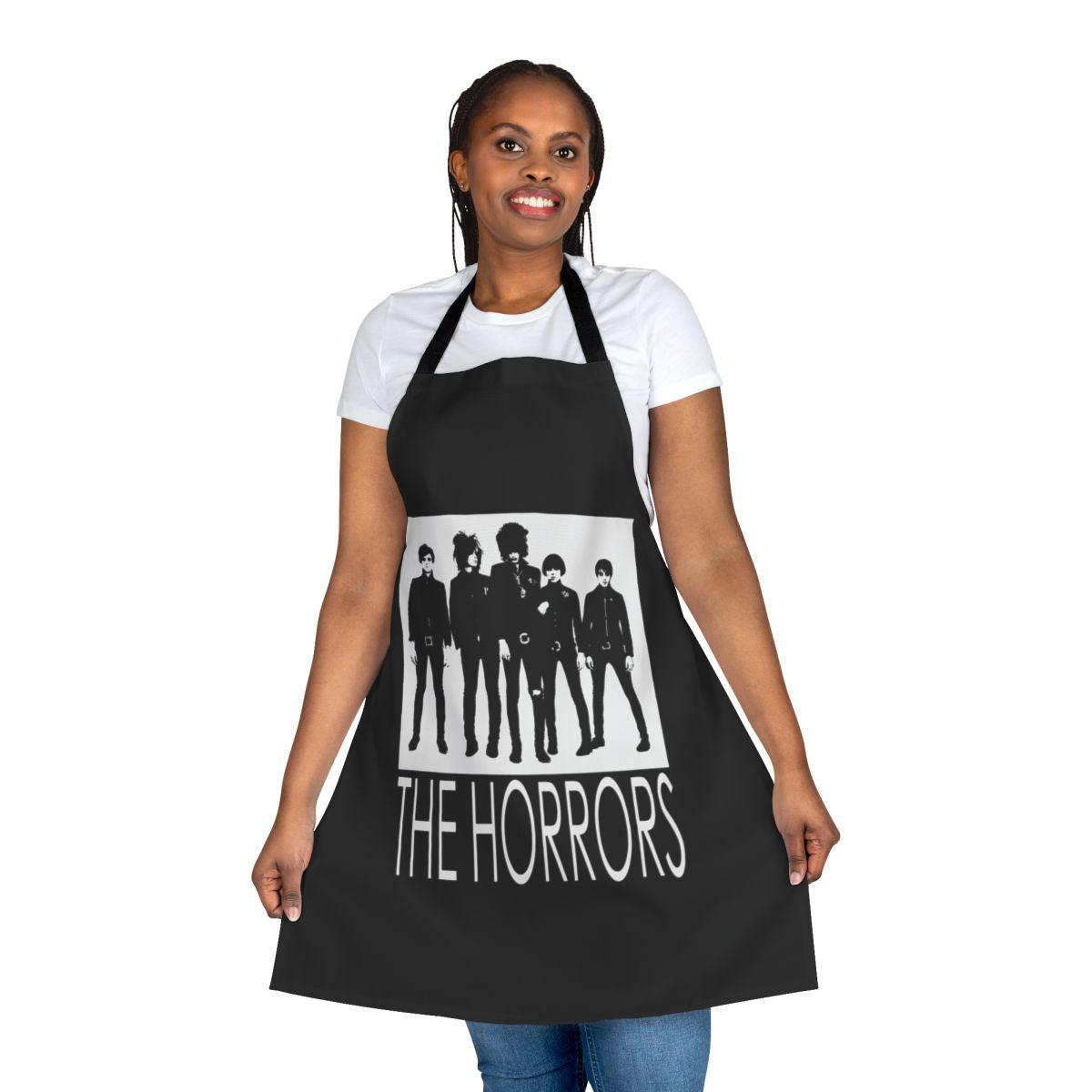 Horrors-inspired black apron with horror punk and indie band design