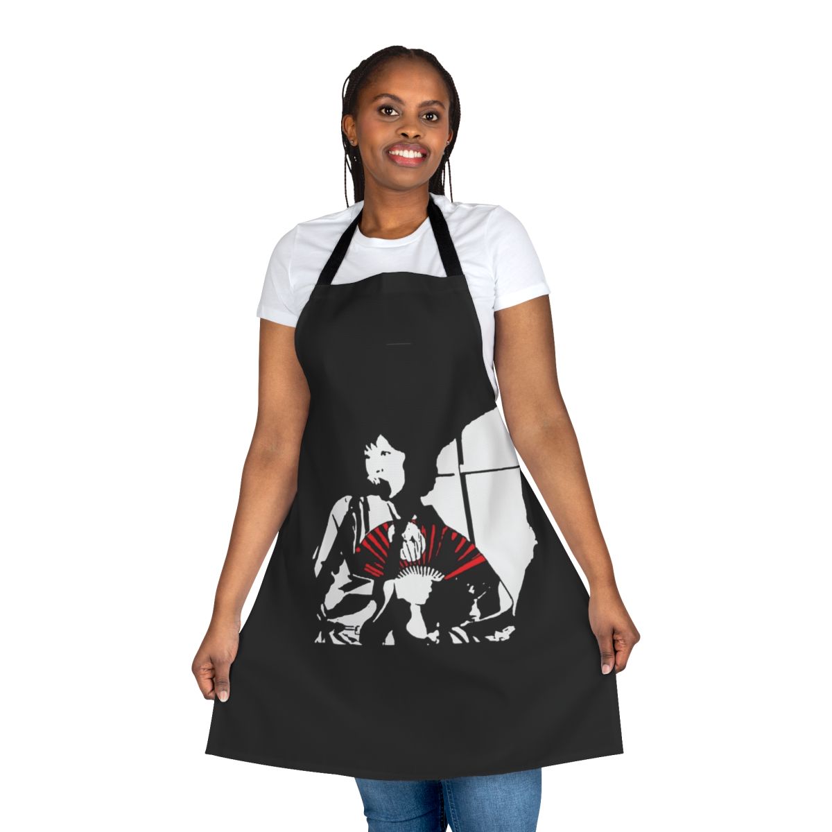 A colorful and unique apron featuring Japanese cultural elements like origami, shrines, and manga.