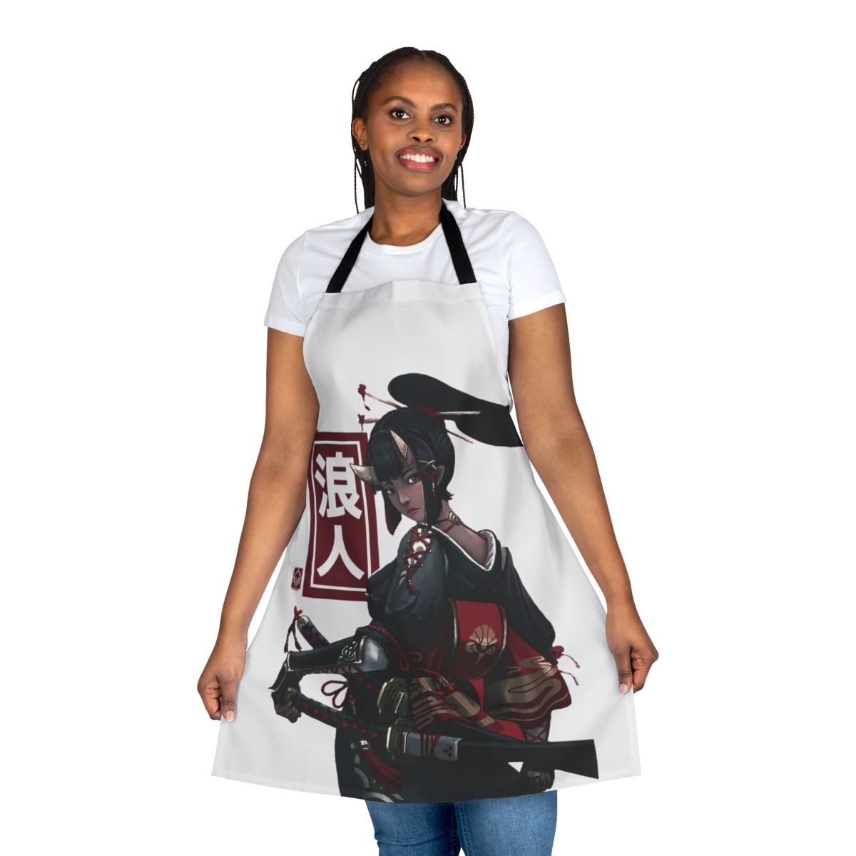Japanese-inspired apron featuring ninja, samurai, and geisha motifs