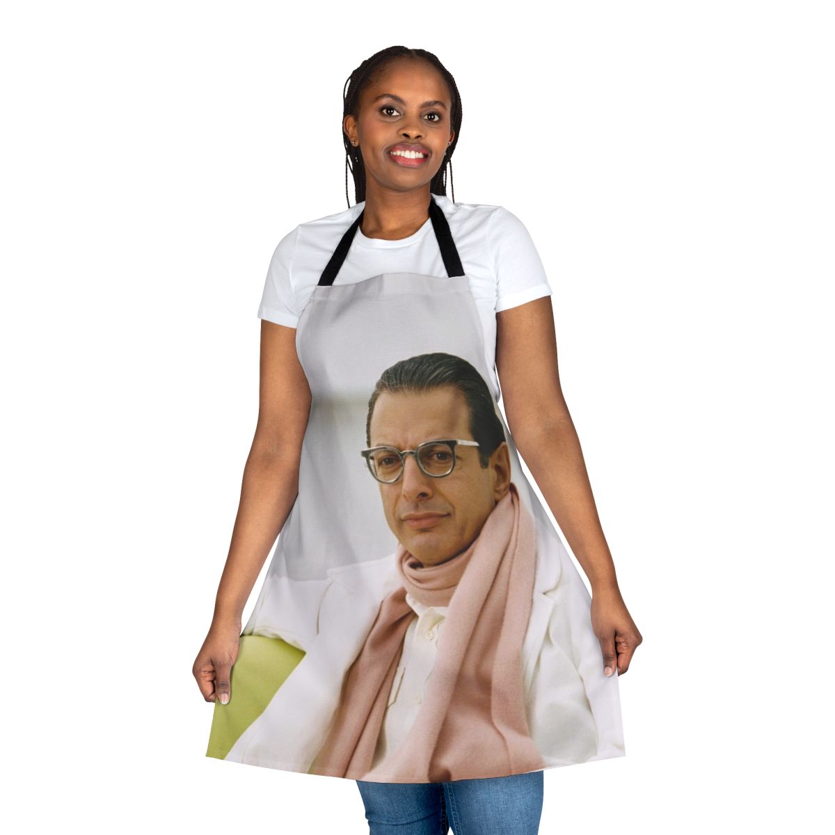 Illustration of Jeff Goldblum's face on a high-quality cooking apron