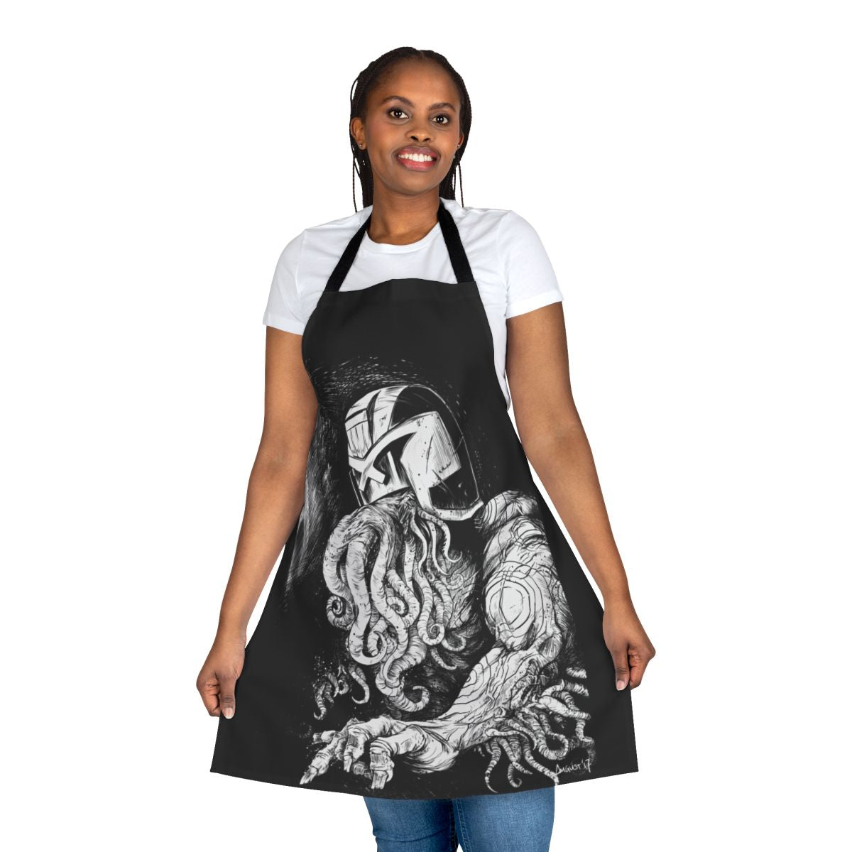Stylish apron featuring a Judge Dredd and Cthulhu inspired design