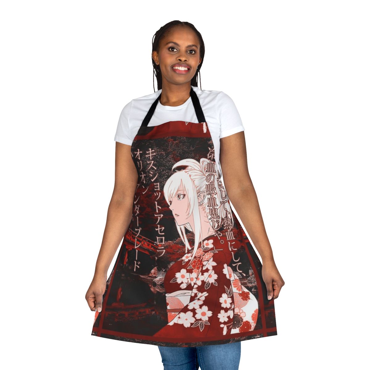 Vibrant red yukata-style apron with "Kiss Shot" text and anime-inspired graphics