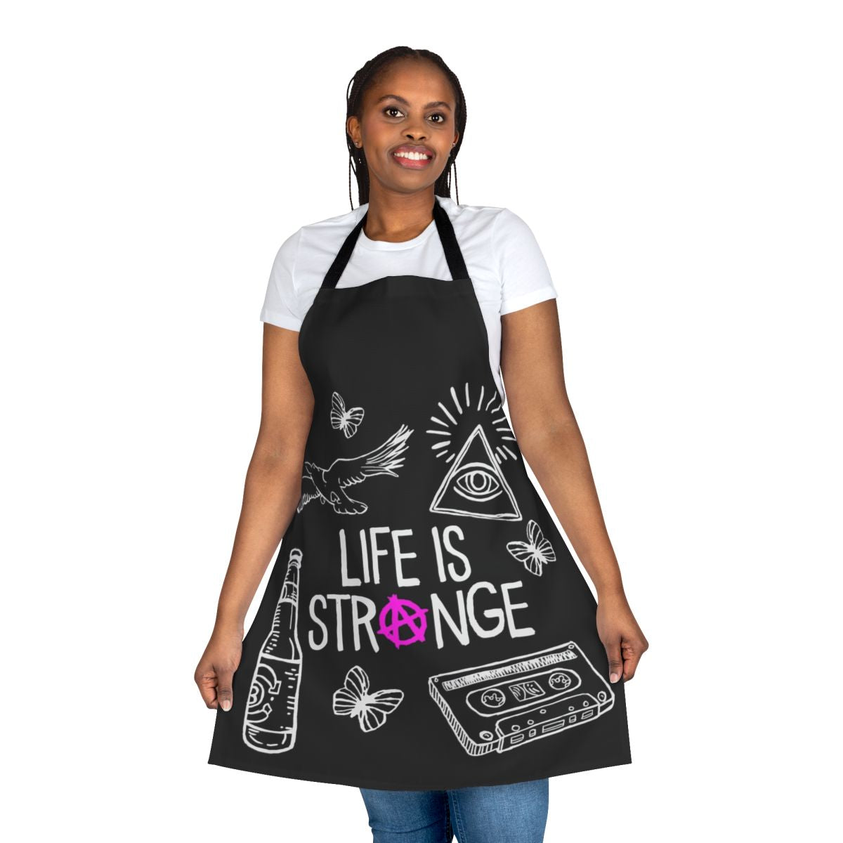 Stylish black and white apron with Life is Strange-inspired design featuring Chloe Price