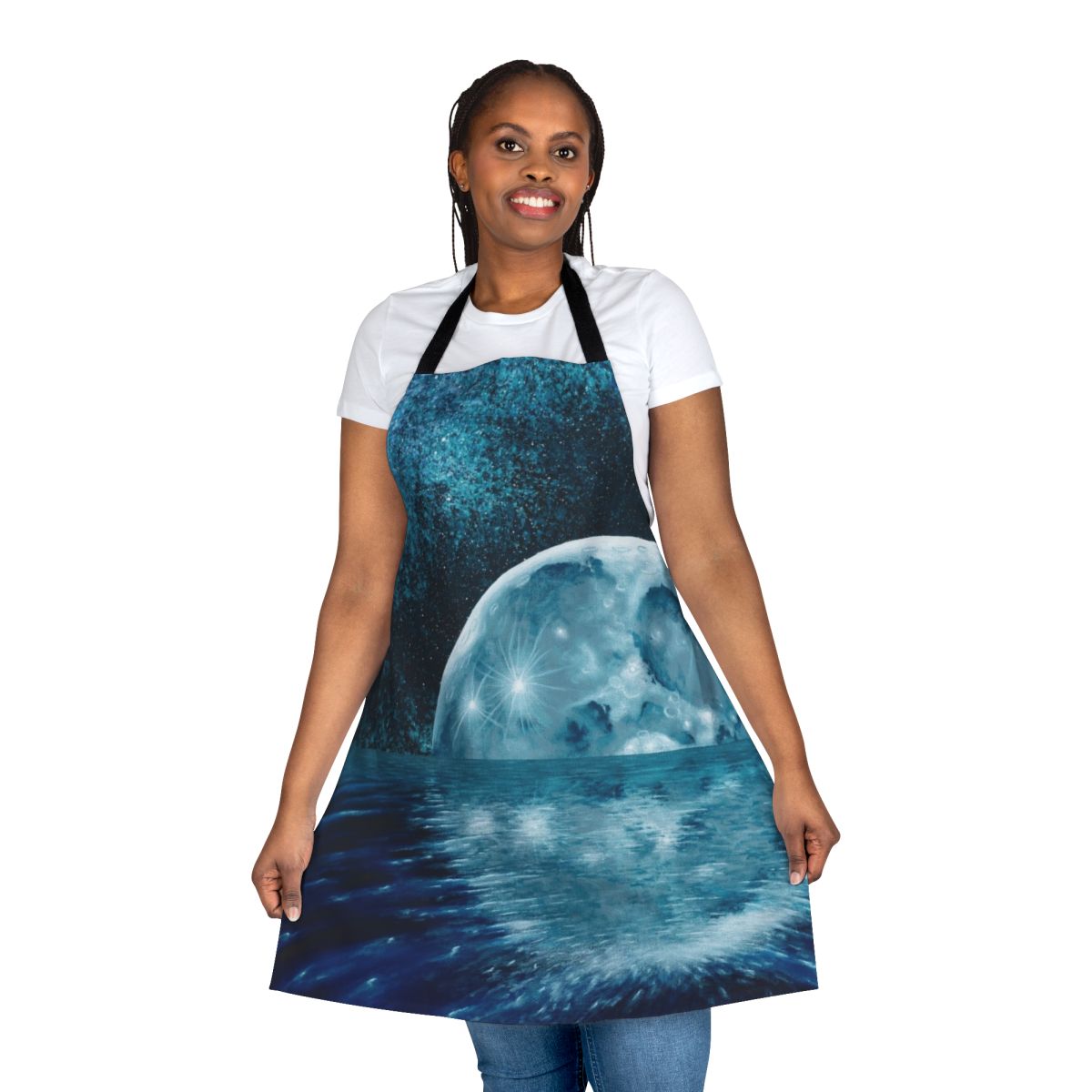Lunar Mirror Acrylic Apron featuring a captivating celestial design by Mal Georg
