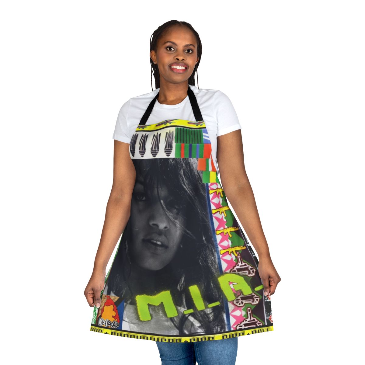 M I A-inspired apron featuring graphic design elements