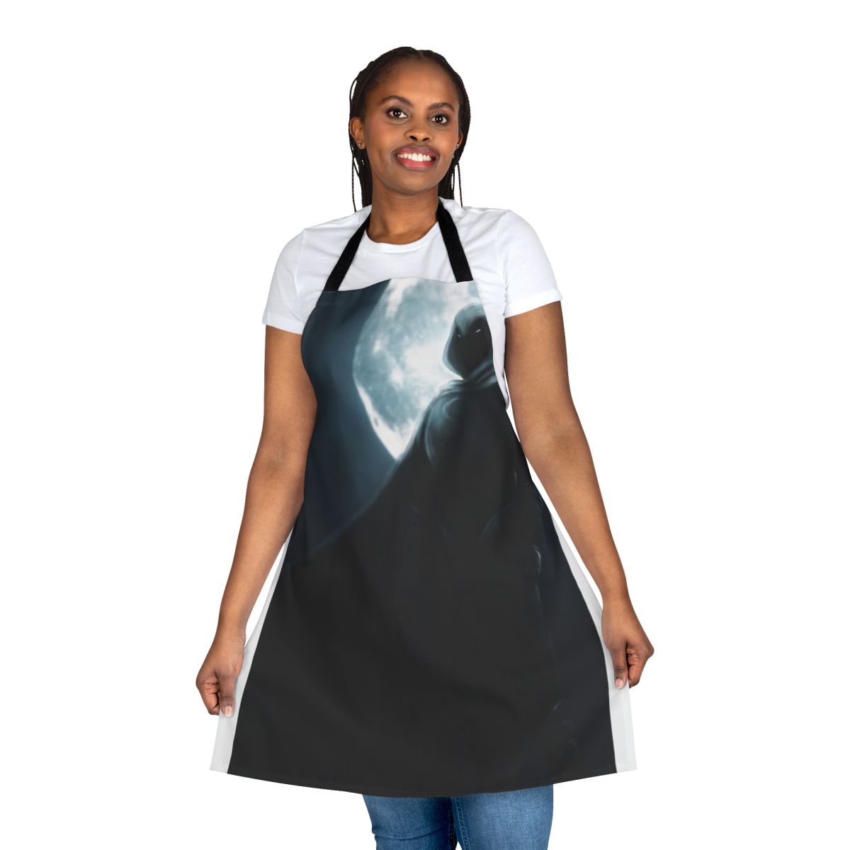 Moon Knight inspired superhero apron featuring the iconic character and Khonshu