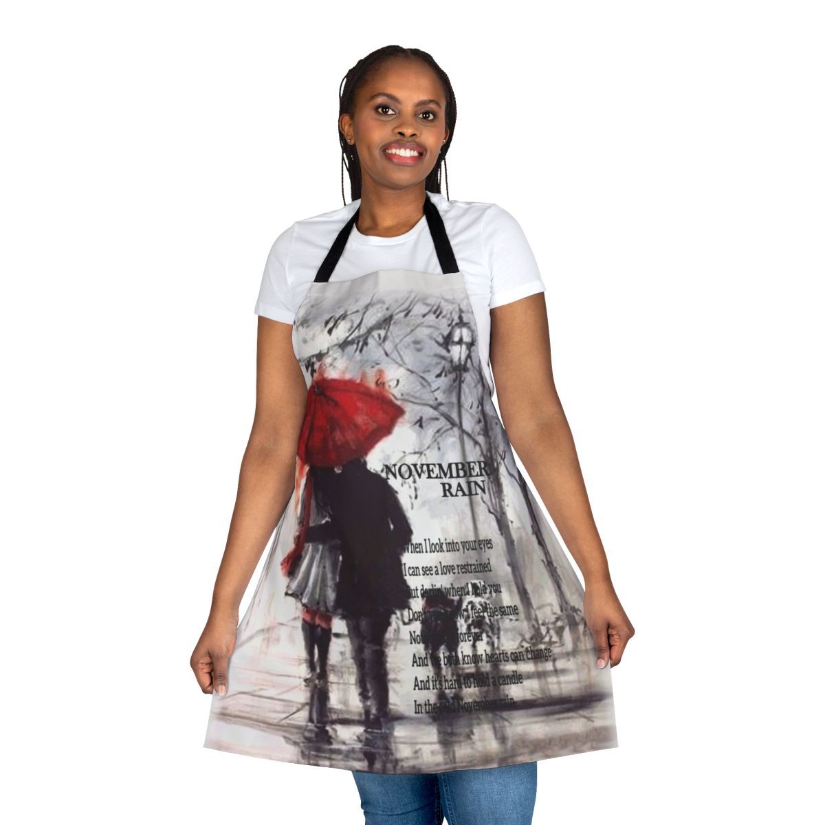 A high-quality apron featuring a November rain design, perfect for keeping you dry and stylish on rainy days.