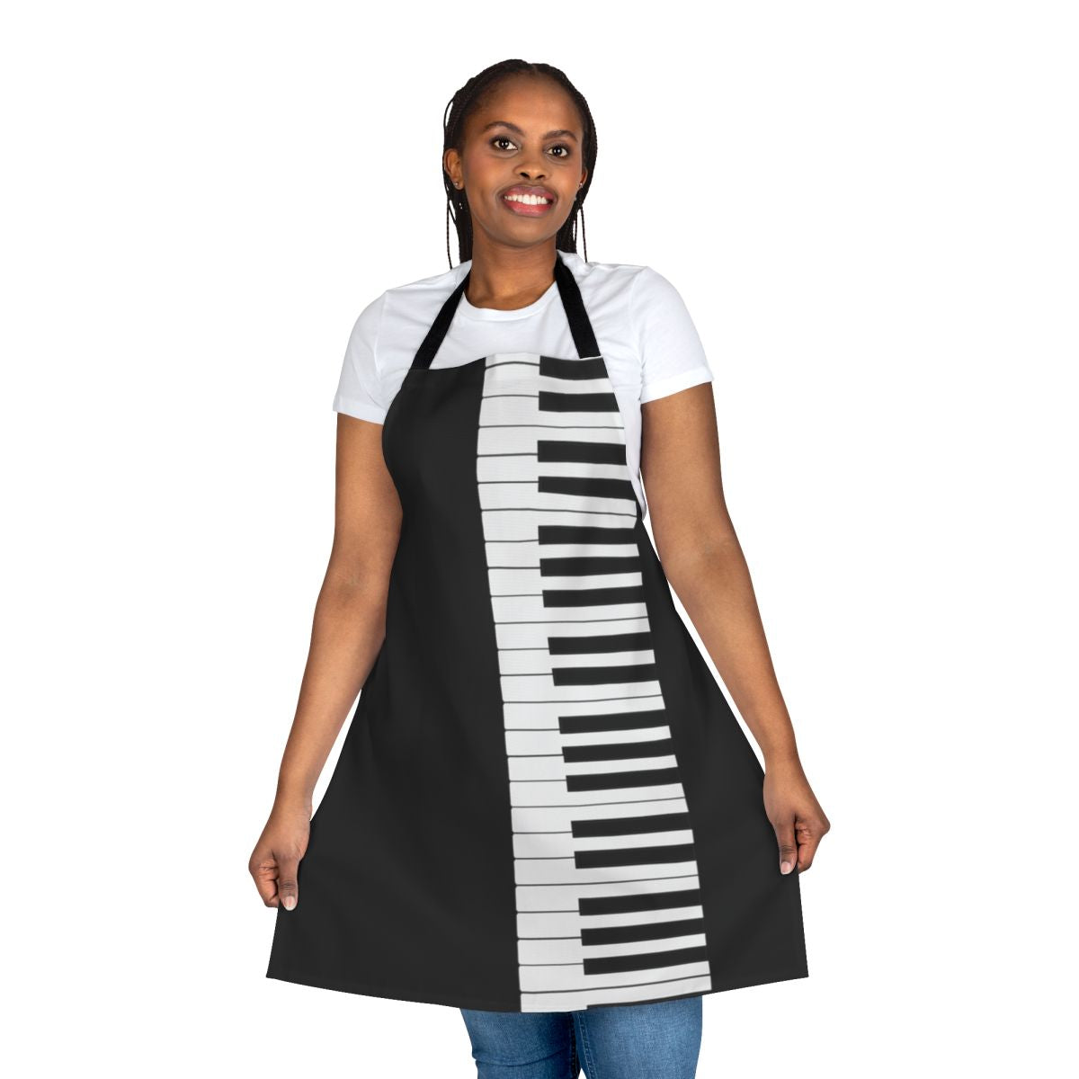 Black and white piano keyboard print apron for musicians