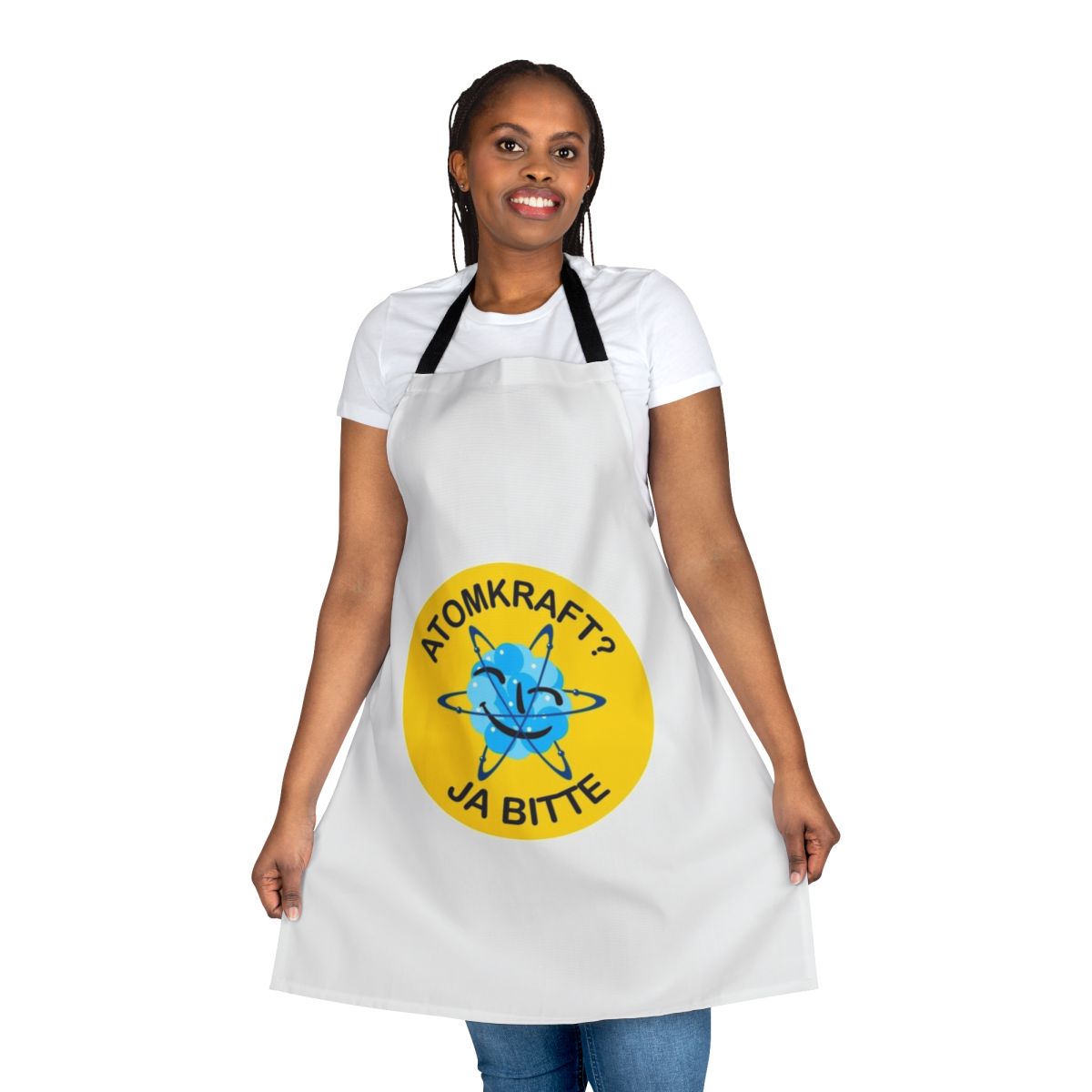 Atomic power themed apron with pro-nuclear slogan and design