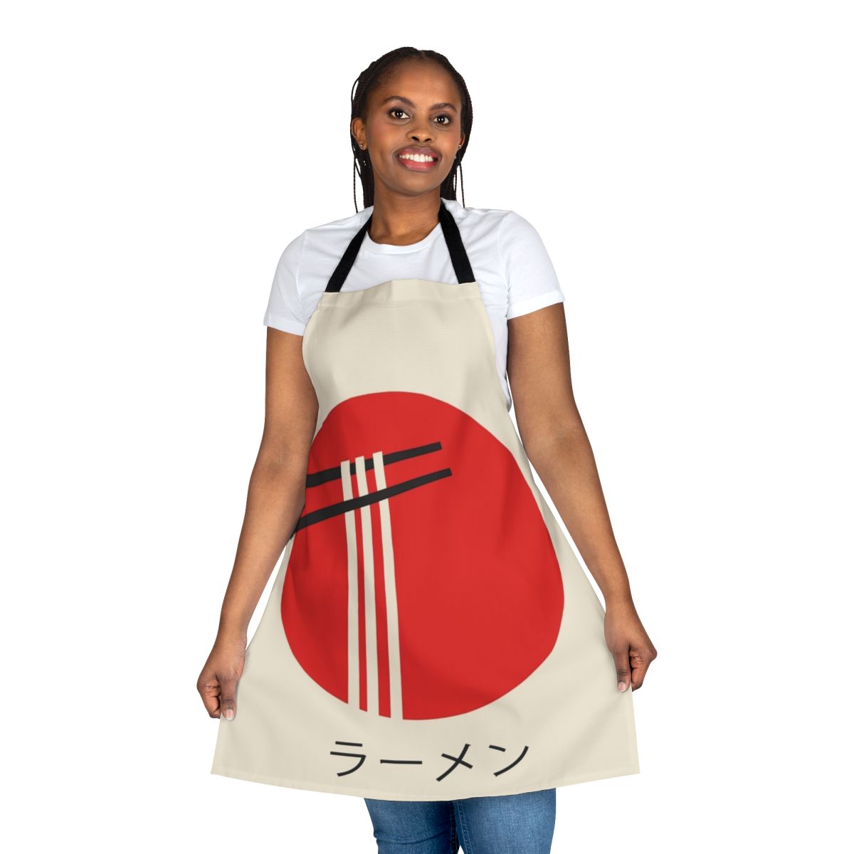 A vibrant, retro-style apron featuring a ramen bowl and kaiju monster design