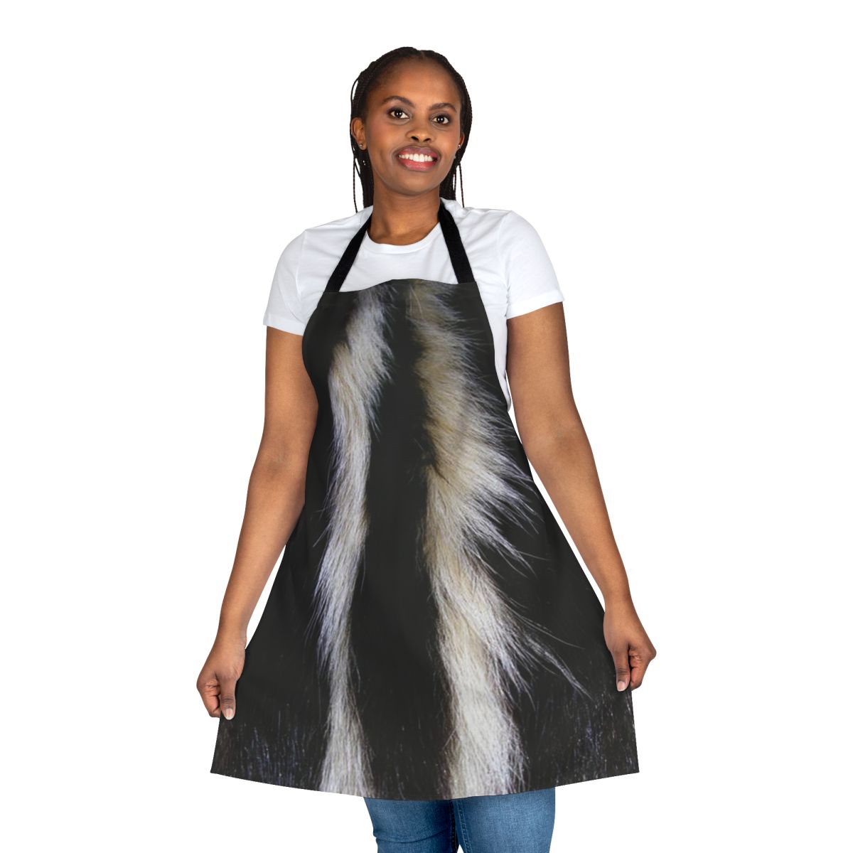A black and white apron with a fun, playful skunk stripe design.