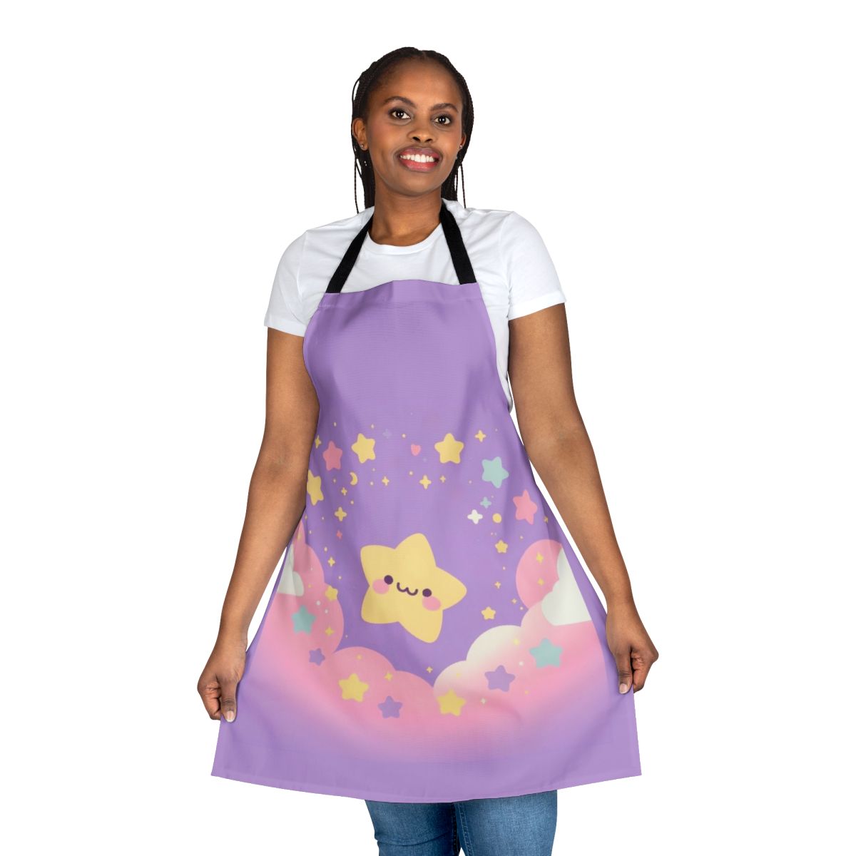A purple apron with a simple star design, ideal for cooking and home decor.