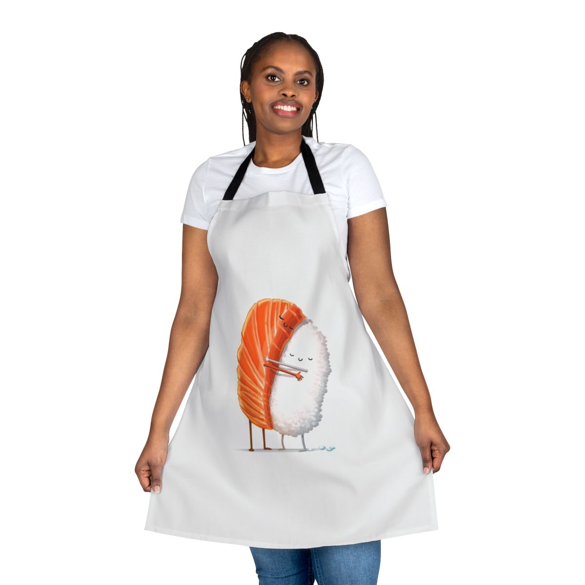 Sushi-themed apron with cute hug design