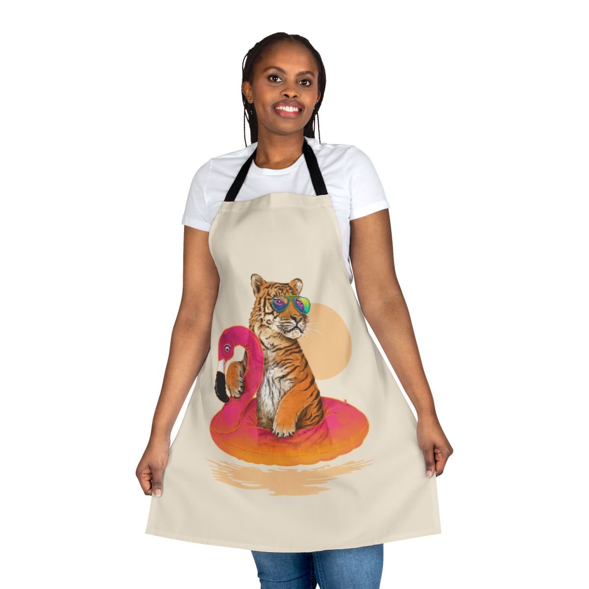 Vibrant tropical flamingo and tiger print apron featuring a relaxed, chilled-out design perfect for summer activities.