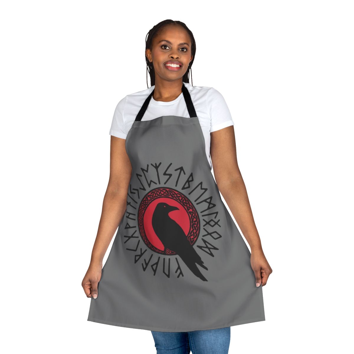 Futhark Apron with Raven, Birds, and Celtic Knots in Black and Red