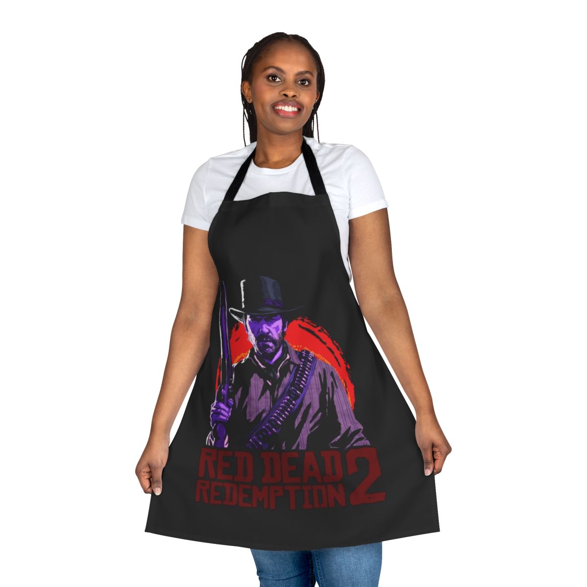 A stylish red and black apron with a cowboy hat, inspired by the hit video game Red Dead Redemption.