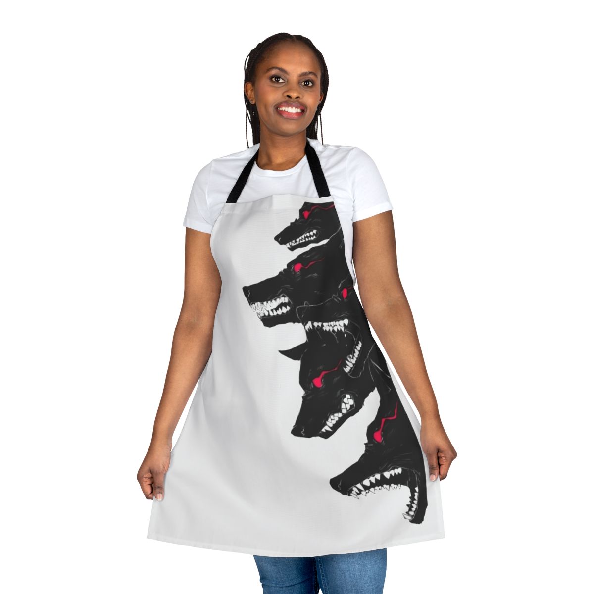 A sleek, black and red wolf-themed apron with a unique design.